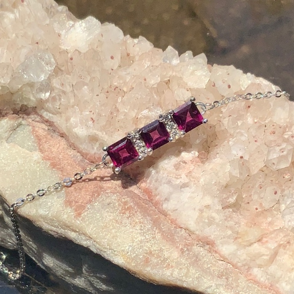 EMERALD CUT GARNET 925 STERLING SILVER BRACELET, 7 INCHES WITH 1 INCH EXTENDER